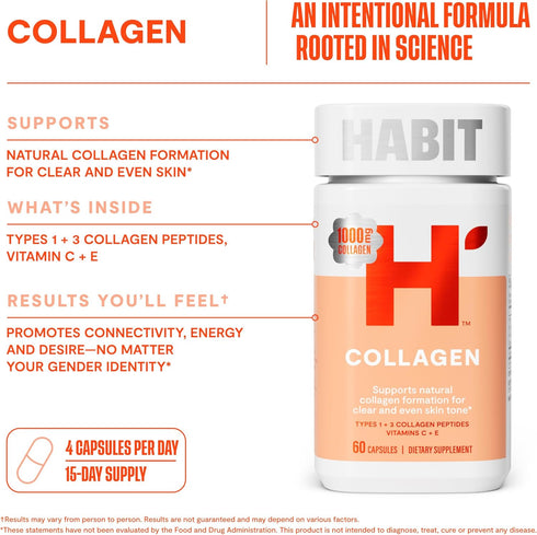 HABIT Collagen Supplement (60 Capsules) - 2000mg Collagen Peptides, Vitamin C & E, Antioxidants, Non-GMO, Gluten Free