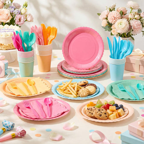 Zhehao 175 Set Pcs Candy Colors Party Supplies Colorful Disposable Tableware Kit with Plates, Cups, Napkins, Cutlery