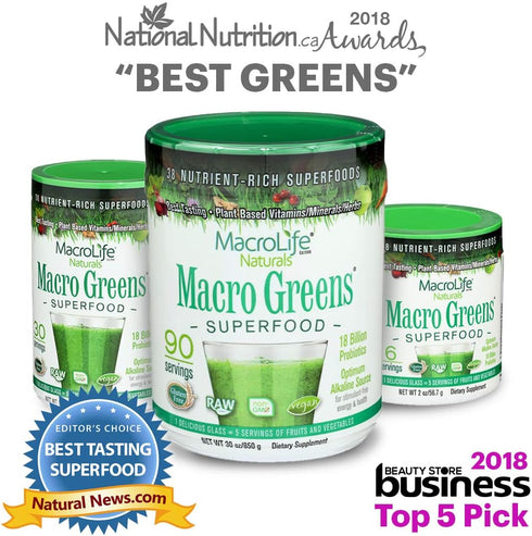 Macro Greens Powder - MacroLife Naturals, 38 Superfood Probiotic Antioxidant Supplement, 10oz (30 Servings)