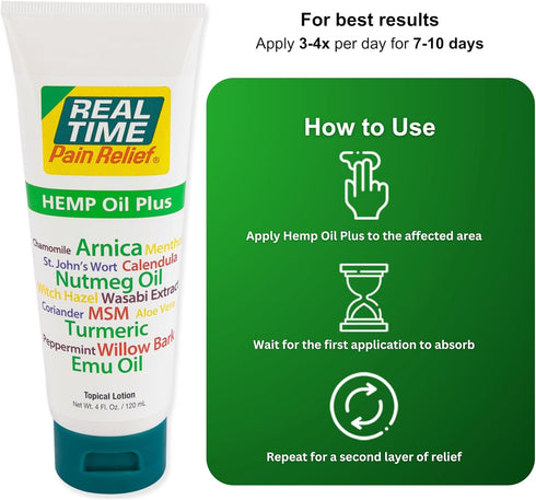 Real Time Pain Relief Hemp Oil Plus, 4oz Tube, Advanced Formula with 19 Natural Ingredients