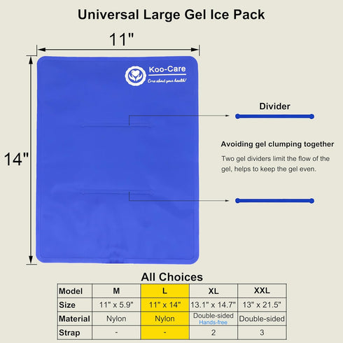 Koo-Care Reusable Large Gel Ice Pack, Hot Cold Compress for Injuries, Fits Shoulder, Arm, Back, Knee, Pack of 2 (11" x
