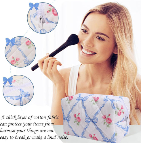 LYDZTION 2Pcs Cute Makeup Bag, Quilted Bow Makeup Bag for Women, Coquette Cotton Storage Bag for Lipstick Brushes