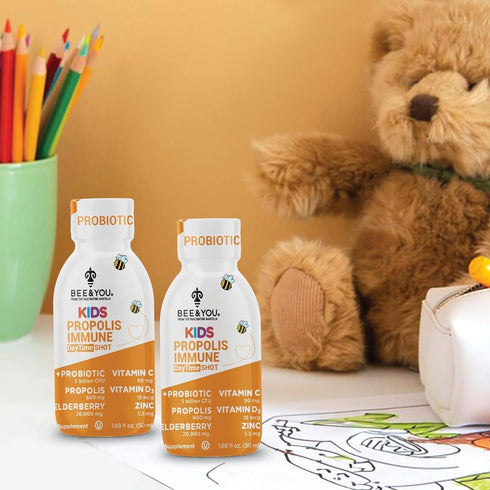 BEE and You Kids Propolis Immune Day Time Shot - 1.69 Fl. oz, 12 Pack - Probiotic, Vitamin C, D3, Zinc for Immune