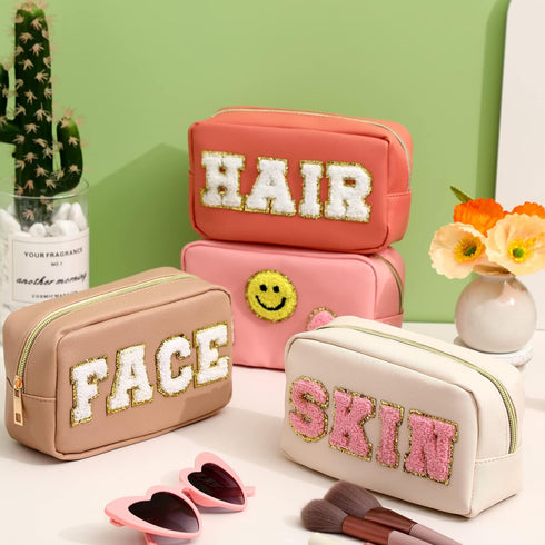 Sanwuta 4 Pcs Chenille Bag Preppy Patch Makeup Bag Cosmetic Bag Chenille Letters Toiletry Bag PU Leather Waterproof Portable Pouch Travel Organizer (Beige, Khaki, Pink, Nude Pink, Fresh Style)