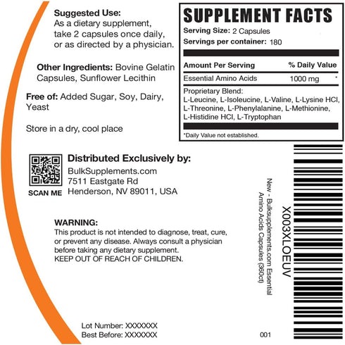 BulkSupplements.com Essential Amino Acids Capsules, EAA Capsules, Essential Amino Acids Supplement, 2 Capsules per