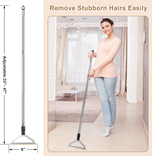 47“ Adjustable Long Handle Carpet Rake Pet Hair Remover, Reusable Metal Lint Remover Brush for Low Pile Rugs & Stairs