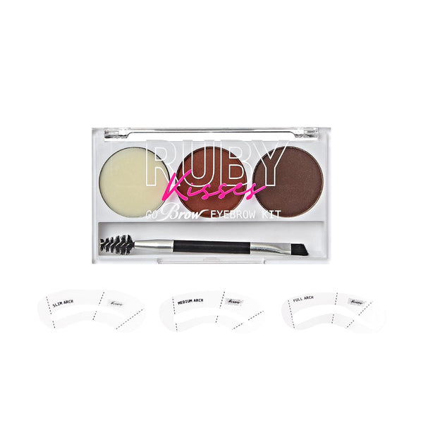 Ruby Kisses Go Brow Eyebrow Kit, Dual Shade Powder & Wax, Includes 3 Stencils for Natural Brow Look, Ideal for Sparse