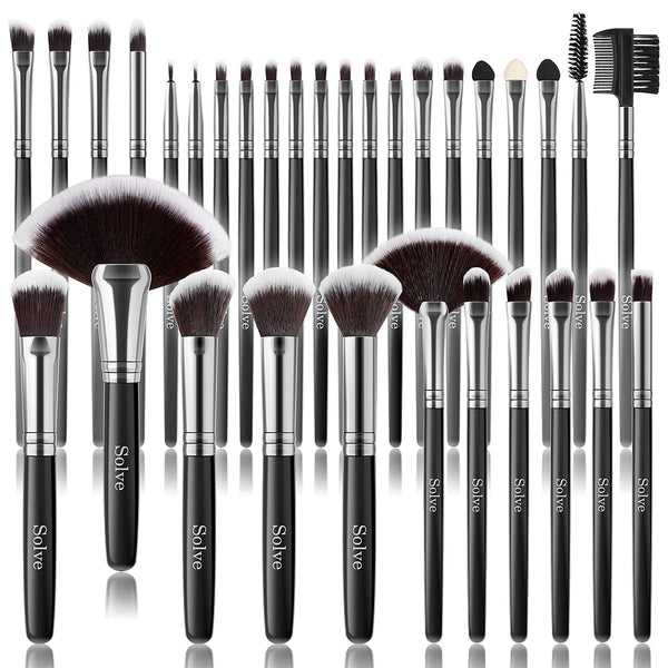 SOLVE Makeup Brush Set, 32 Pieces Professional Brushes Kit, Wooden Handle, Black