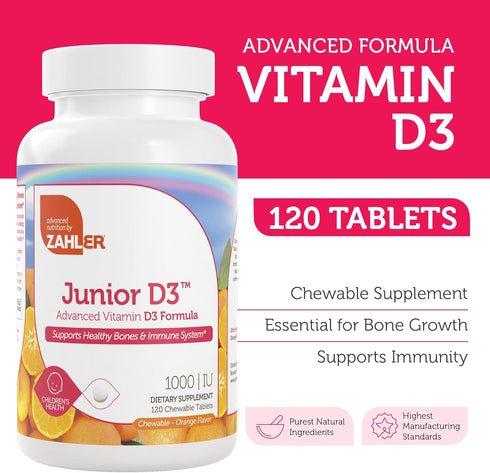 Zahler Junior D3 Vitamins 1000 IU for Kids, Kosher Orange Flavor, 120 Count