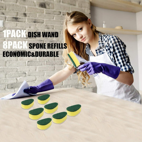 Dish Wand with 7 Pack Replacement Sponges, Long Lasting Dish Brush Pads for Kitchen Cleaning
