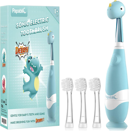 Papablic Toddler Sonic Electric Toothbrush, Ages 1-3, Baby Toothbrush with Dino Cover, Smart LED Timer, 4 Brush Heads