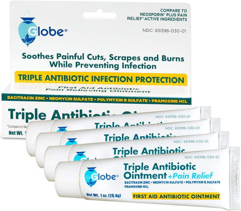 Globe 4 Pack Triple Antibiotic + Pain Relief Ointment, 1oz First Aid for Cuts, Burns, Scrapes