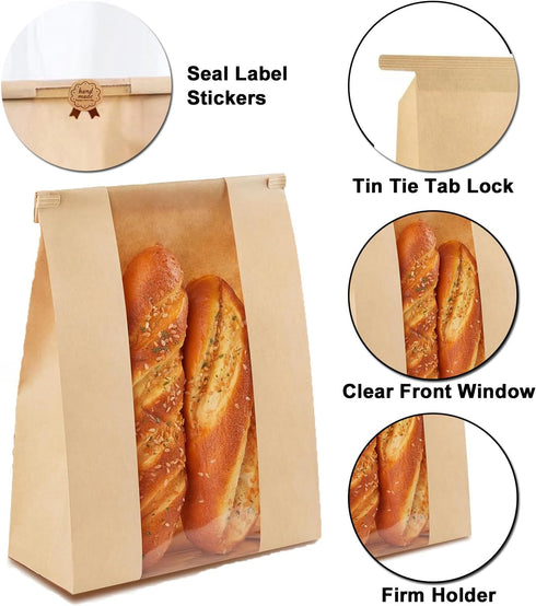 Lmoszuak 100 Pack Bread(13.7x8.2x3.7in)& 125pcs Packaging thicker Large Sourdough Paper Bread Bags for Homemade Tin Tie