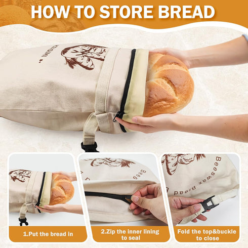 KEISIMI 2 Pack -17 13inch Reusable Bread Bags for Homemade Bread, Beeswax Bread Bags for Sourdough, Cotton Linen Food