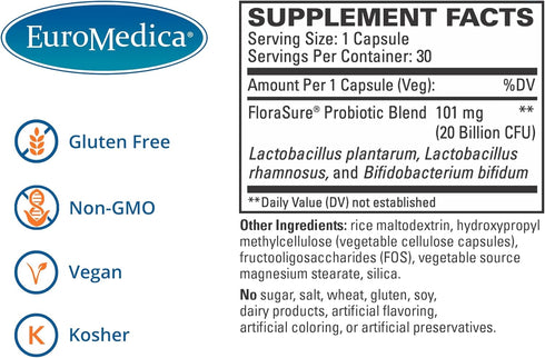 Euromedica FloraSure Probiotic, 30 Capsules, Supports Healthy Gut Flora & Digestion, Vegan, Non-GMO, Dairy Free