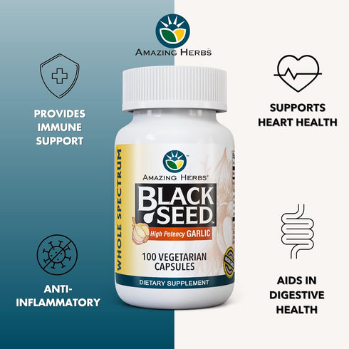 Amazing Herbs Whole Spectrum Black Seed & Garlic, 100 Count Vegetarian Capsules, Supports Health