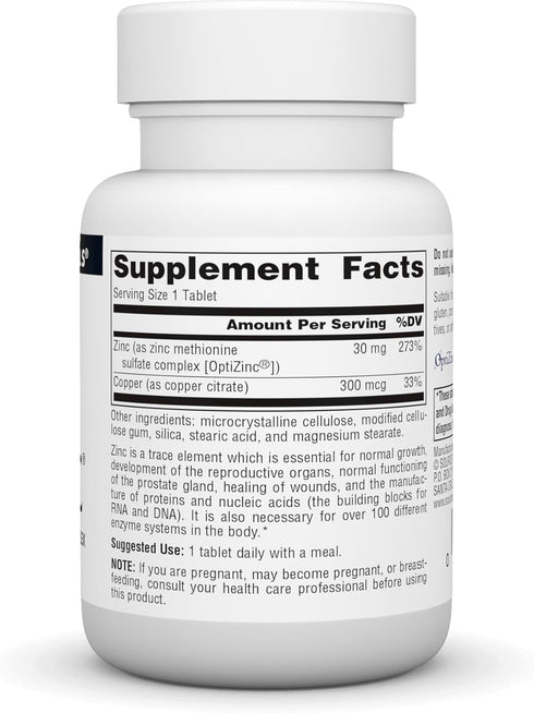 Source Naturals OptiZinc Zinc Methionine Sulfate Complex & Dietary Supplement - 60 Tablets