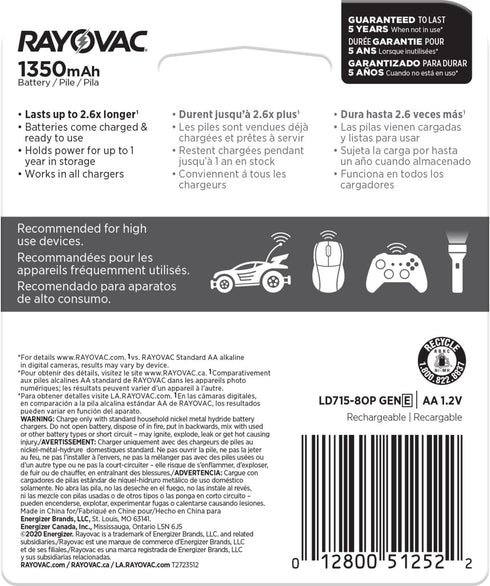 Rayovac Rechargeable AA Batteries, 8 Pack, NiMH Double A Batteries