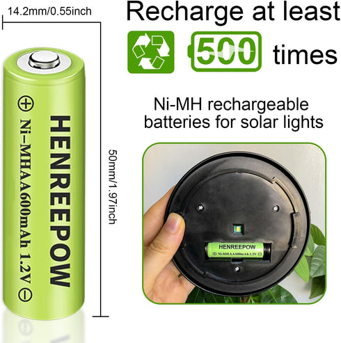 Henreepow Ni-MH Rechargeable AA Battery, 1.2V High-Capacity Battery for Garden Landscaping Solar Lights