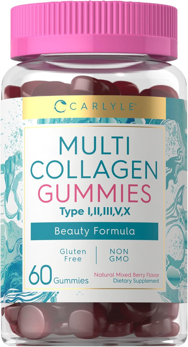 Carlyle Collagen Gummies, 60 Count Multi Collagen Complex Supplement, Mixed Berry Flavor, Non-GMO, Gluten Free
