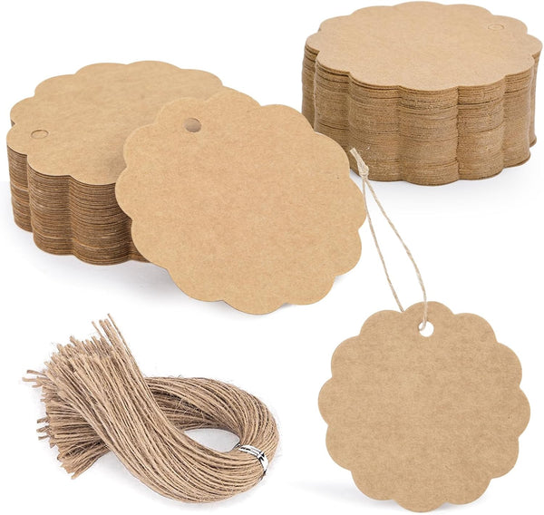 SallyFashion 200PCS Kraft Paper Tags with String, Round Circle Gift Tags 2.4" for DIY Crafts, Wedding Party Favors
