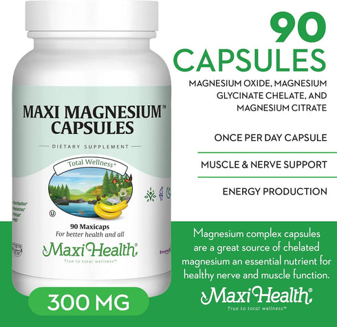 Maxi Health Magnesium Capsules - Energy Production, Muscle & Nerve Health, Bone Support, 90 Count