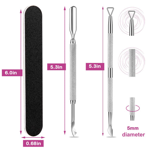 Premium Nail Care Kit - Cuticle Pusher, Gel Polish Remover, Nail Files, Stainless Steel Tools for Fingernails, Toenails