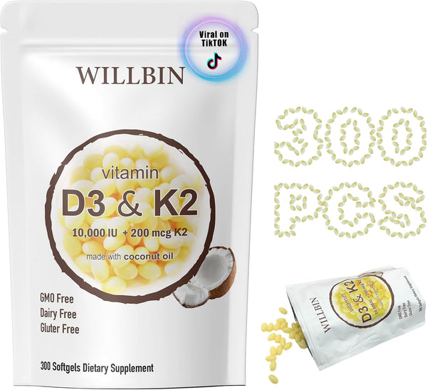 2-in-1 Vitamin D3 K2 Softgel - 10000 IU VIT D3 + 200 MCG K2, Bone & Cardiovascular Health Support - 300 Pcs