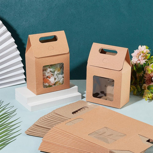 PH PandaHall 24pcs Kraft Paper Goodies Boxes with Clear Windows for Christmas, Halloween, Treats, 2.3x3.9x3.7 inch