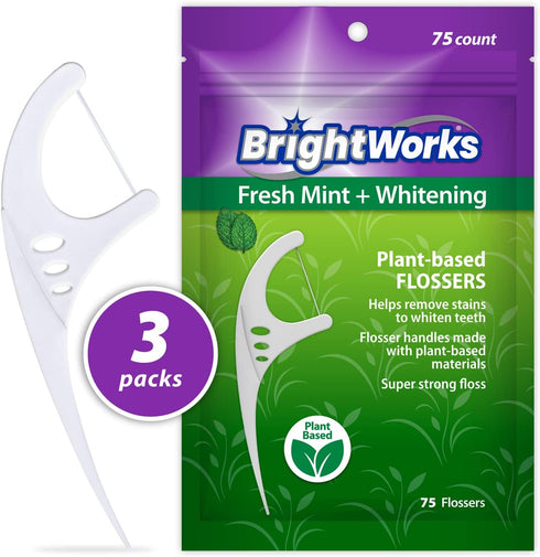 225 Piece BrightWorks Fresh Mint + Whitening Dental Flossers, 75 Count (Pack of 3) with Plant-Based Handles