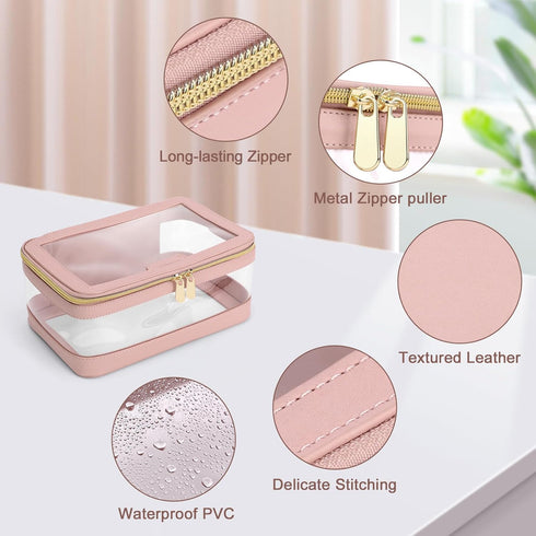 Travel Clear Makeup Bag with Makeup Brush Bag, Portable Waterproof Cosmetic Organizer Storage Bag for Women, Pink