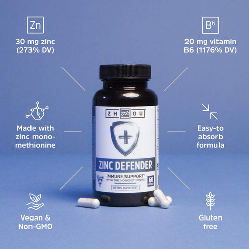 Zhou Nutrition Zinc Defender Capsules - Immune Support with Zinc Monomethionine, Gluten Free, 60 Capsules