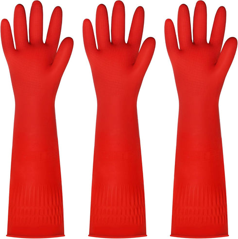 BOOMJOY Reusable Kitchen Gloves, Heavy Duty Dish Washing Gloves, 3 Pairs, Size-L, Red