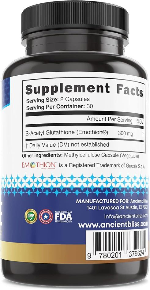 Ancient Bliss S-Acetyl Glutathione Supplement - Cellular Antioxidant & Immune Support for Men & Women, 60 Capsules