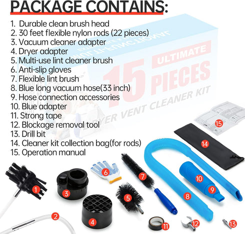 BLuesea Dryer Vent Cleaner Kit, 15-Piece Ultimate Dryer Cleaning Kit with 30 Feet Dryer Vent Brush and Vacuum