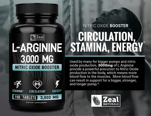 Zeal Naturals L Arginine 3000mg Capsules, 150 Tablets, Nitric Oxide Supplement for Muscle Growth