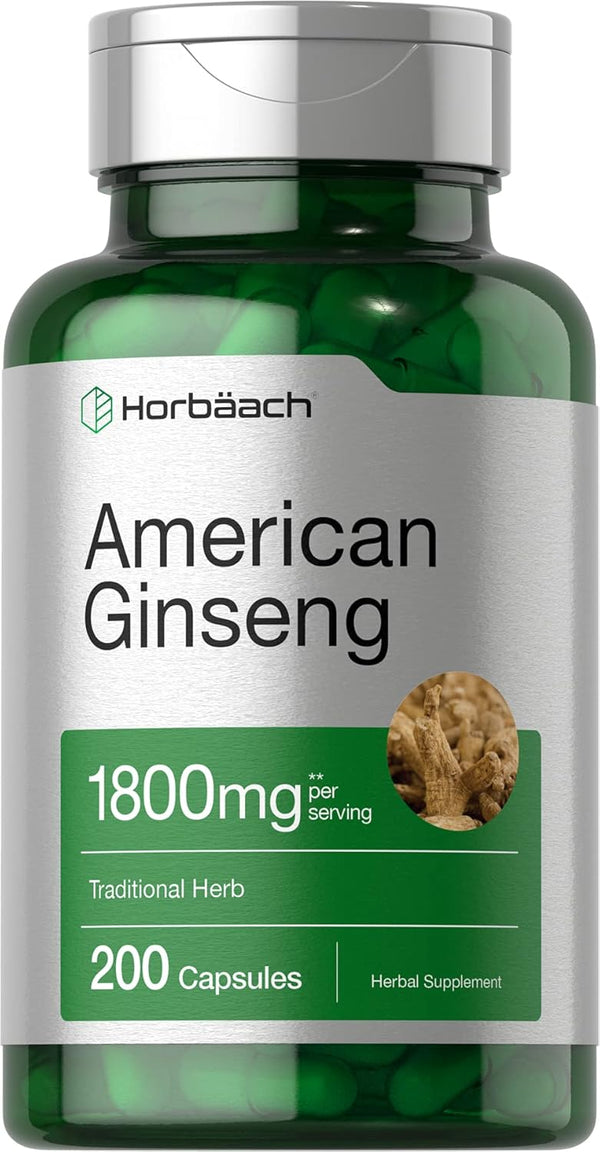 Horbaach American Ginseng Capsules | 200 Count | 1800 mg | Non-GMO, Gluten Free Supplement