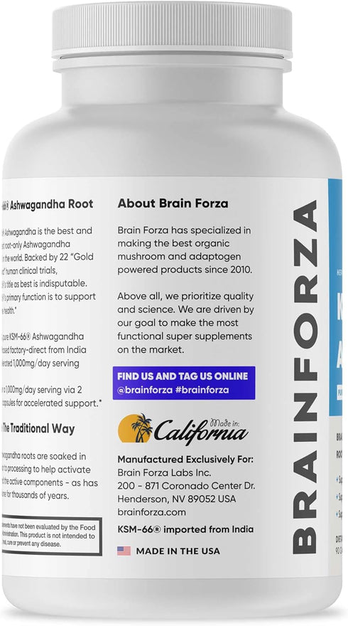 KSM-66 1,000mg 5% 90 Brain Forza Ashwagandha Organic Pure Root Extract, Strongest Dose, High Potency Withanolides