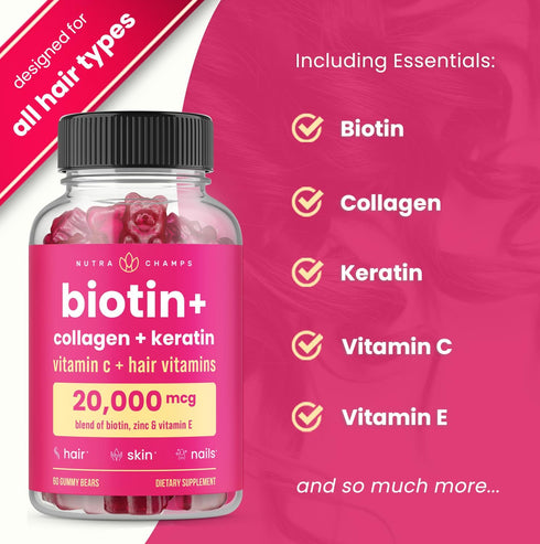Hair Skin & Nails Gummies | Biotin with Collagen & Keratin | 5000mcg Biotin Beauty Complex | Vitamin Supplement | Berry | 120 Count for Women & Men | Healthy Hair, Radiant Skin & Strong Nails (2 Pack)