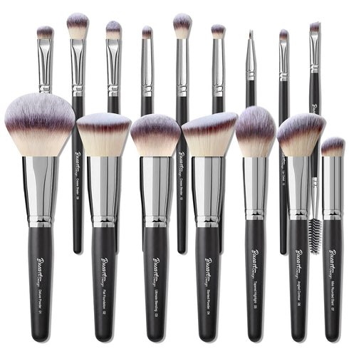 16Pcs ULTRA SOFT Black Labeled Makeup Brushes Set - Includes Large Powder, Flat Foundation, Blending Brushes