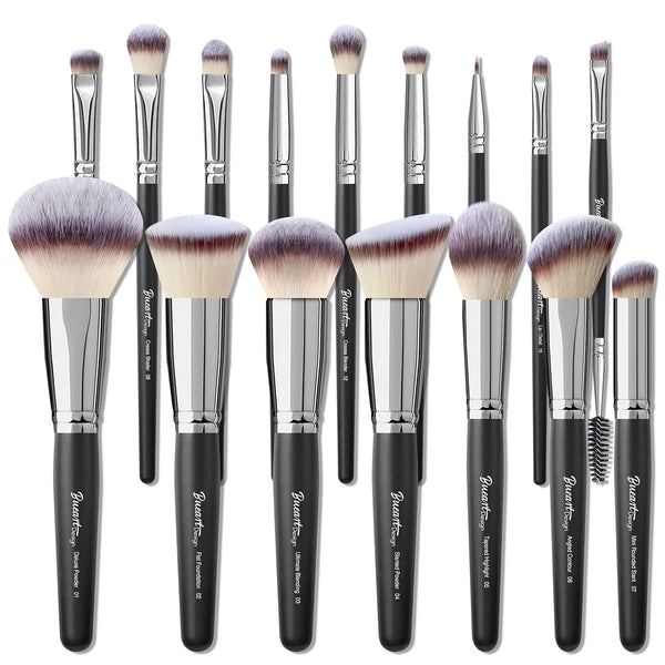 16Pcs ULTRA SOFT Black Labeled Makeup Brushes Set - Includes Large Powder, Flat Foundation, Blending Brushes