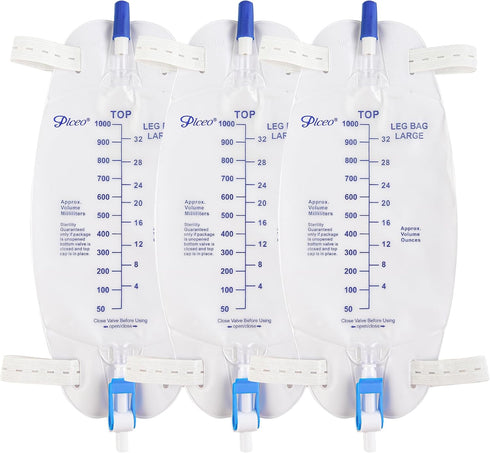 Easy-Tap Leg Bag Urinary Drainage Bag, 1000ml, Anti-Reflux Valve, Cloth Straps, Easy Flip Drain, Pack of 3
