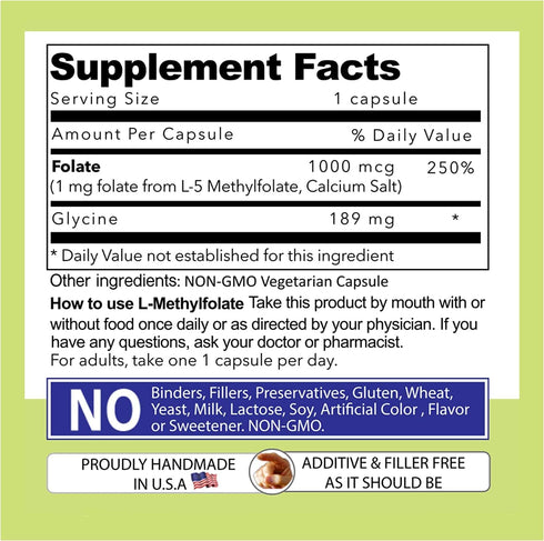Our Daily Vites L-Methylfolate 1mg, Maximum Strength Active Folate, 90 Count Vegetarian Capsules (Pack of 2)
