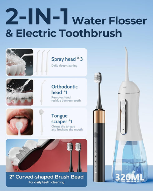 Sonic Electric Toothbrush and Electric Floss for Adults and Kids, Electric Toothbrush Water Flosser Adults, Water