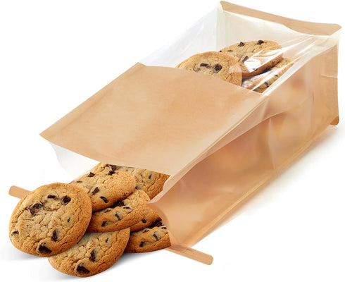 SixWeKit 50 Pack 11" 5.1" 3.9" Packaging Kraft Paper Bread Bags with Clear Window, x x Bakery Bags Tin Tie Tab Lock