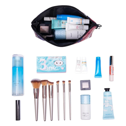 WANDF Cosmetic Bag for Women, Makeup Bag Organizer Mini Pouch for Purse, Water Resistant Gift (Blue Flower)