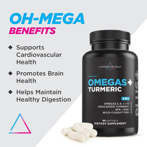 Livingood Daily Omega 3 6 9 Plus Turmeric Curcumin - Omega 3 Supplement for Heart Health, 60 Softgels