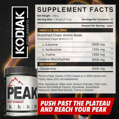 Peak Post Workout Supplement - BCAA 2:1:1 Creatine and Glutamine for Muscle Recovery - 30 Servings - Tropical Mango