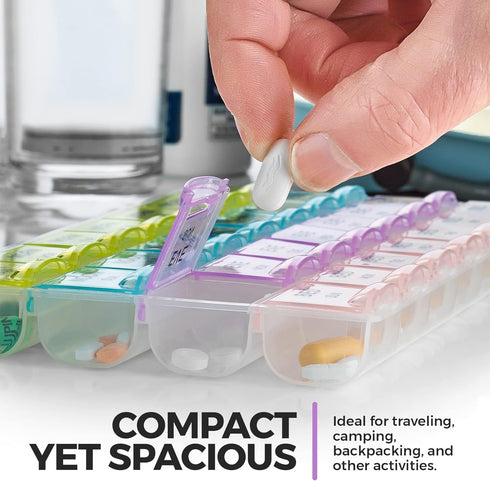 Large Pill Organizer with Weekly and Daily 4-Times-A-Day Compartments, BPA-Free, Portable Pill Boxes Case