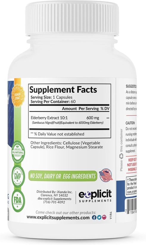 All Natural Elderberry Supplement - 1200mg Extra Strength Capsules for Immune Health, Made in USA